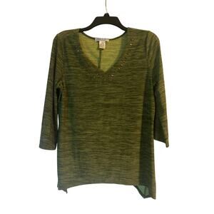 GUC Vintage Suzie Green V Neck Top Blouse Metal Trim 3/4 Sleeve Size Large